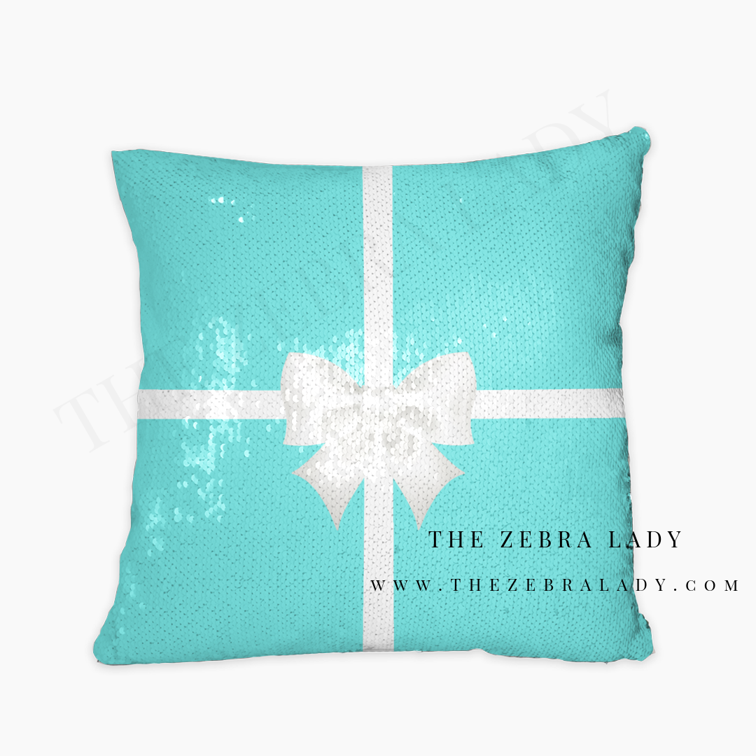 Breakfast at Tiffany's Sequin Reversible Pillow by Monique Layzell of TheZebraLady.com