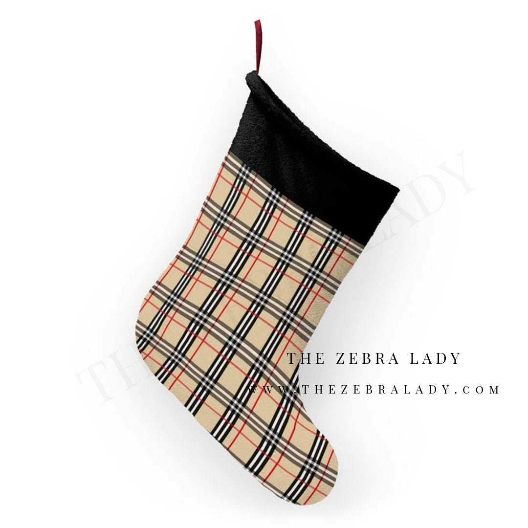Tan Plaid Black Cuff Christmas Stockings by Monique Layzell THE ZEBRA LADY