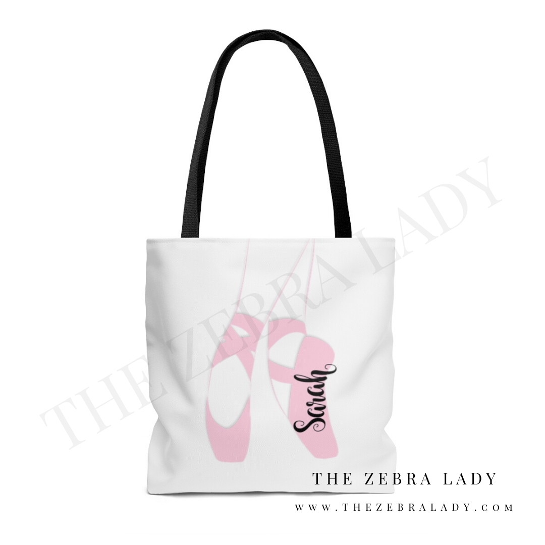 Pink Ballet Pointe Shoes Black Handle Tote Personalized