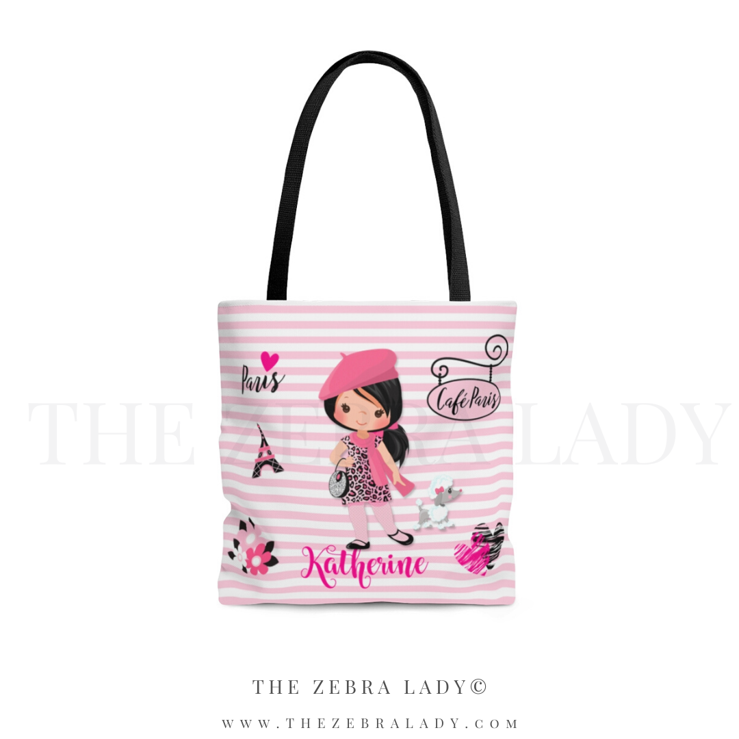 Cute Paris Girl Tote Bag Personalized Black Handle