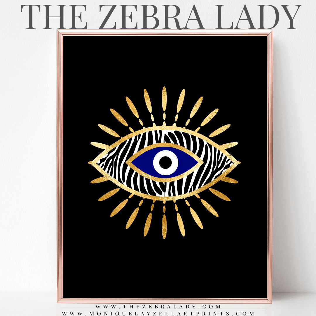 Evil Eye Blue Zebra Black Art Print