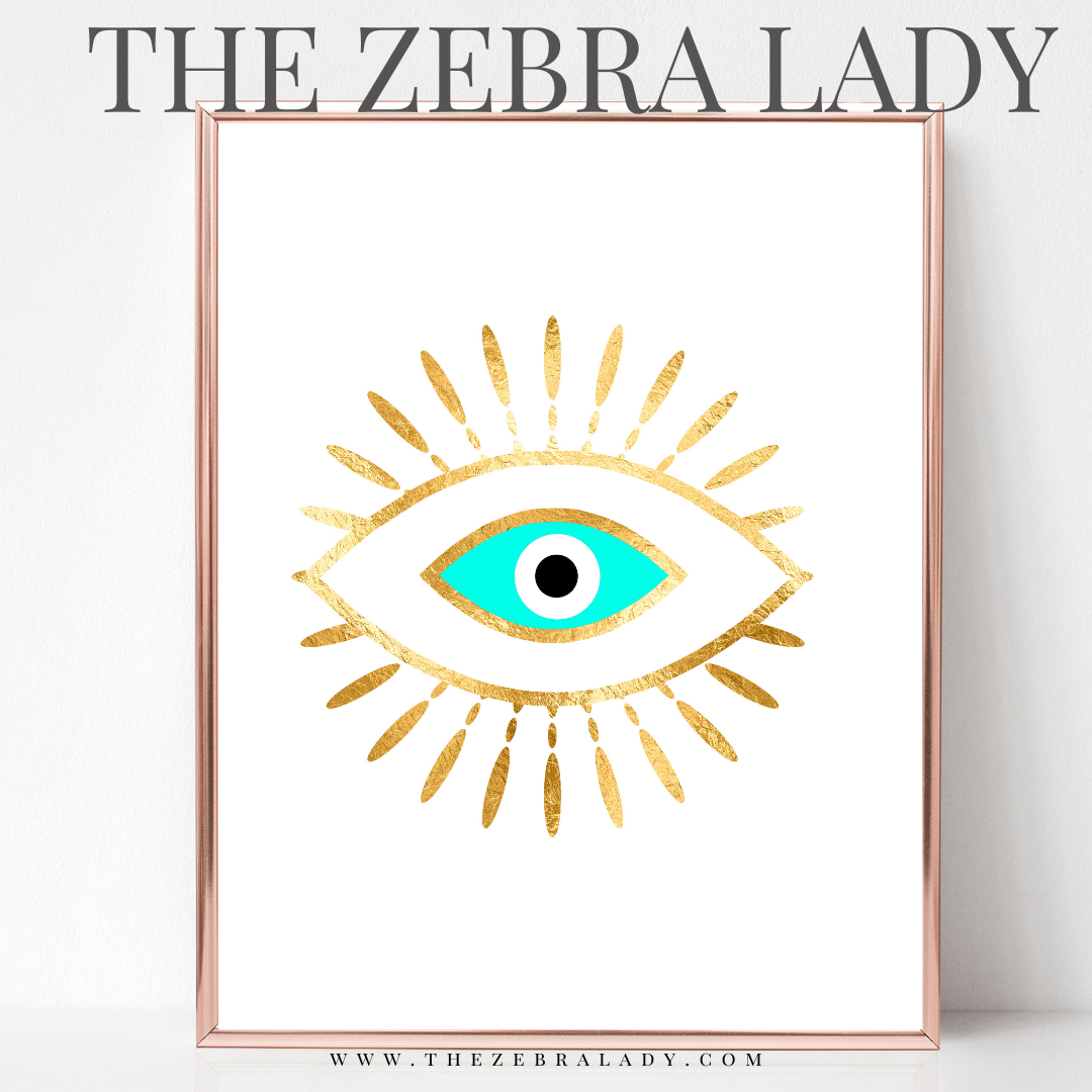 Evil Eye Aqua Zebra White Art Print