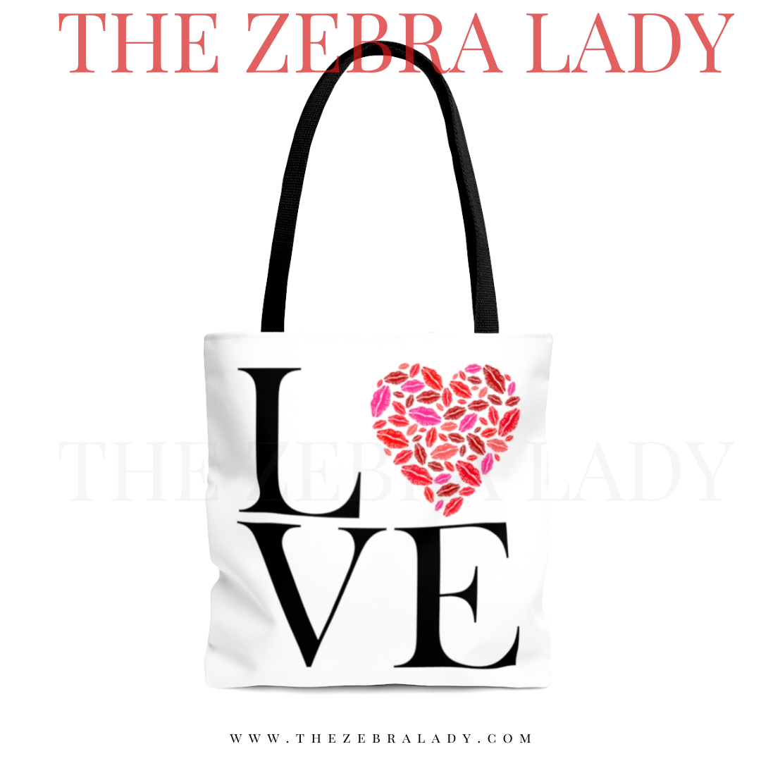 LOVE Lipstick Kisses Heart Black Handle Tote Bag