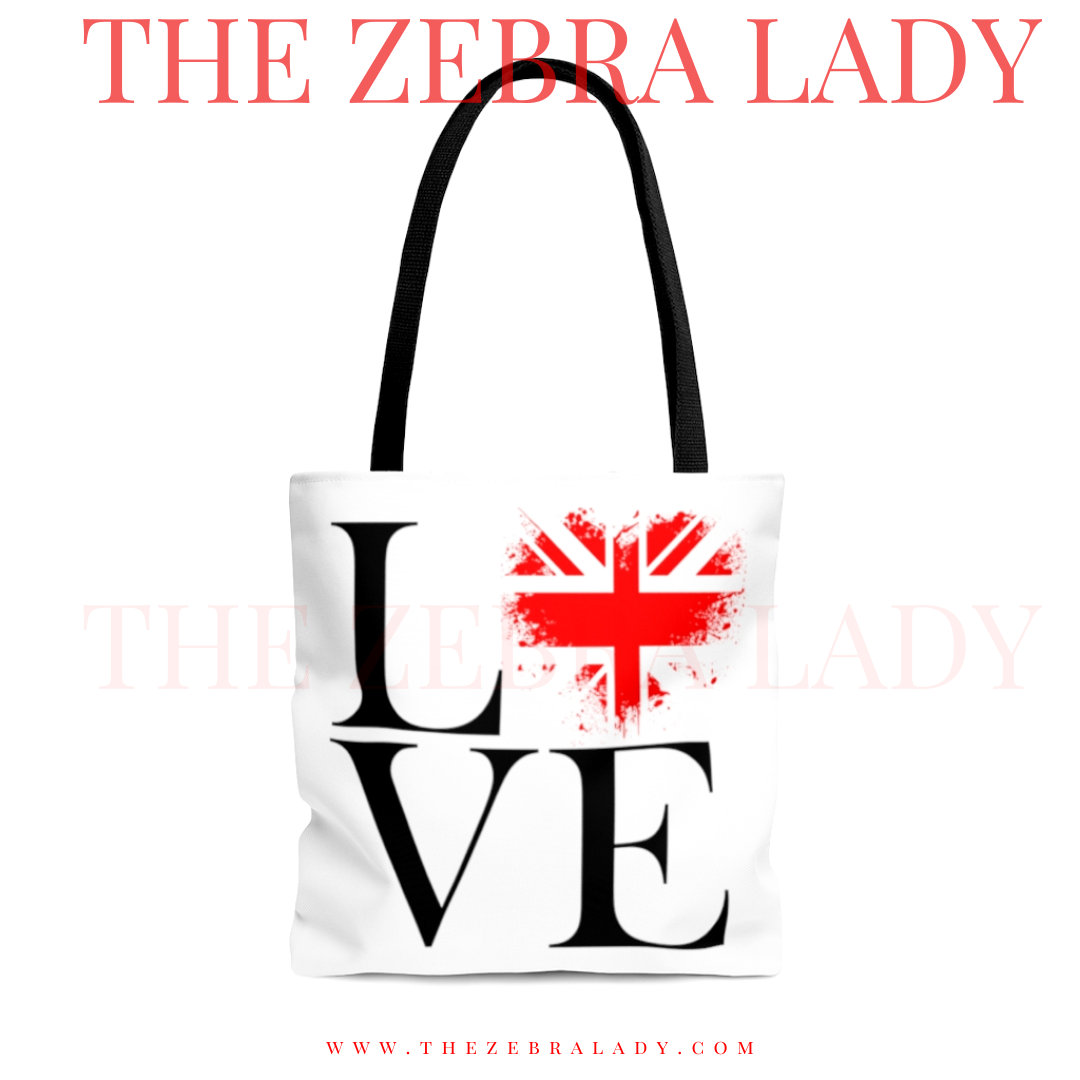 LOVE Red Union Jack Splash Heart Black Handle Tote bag