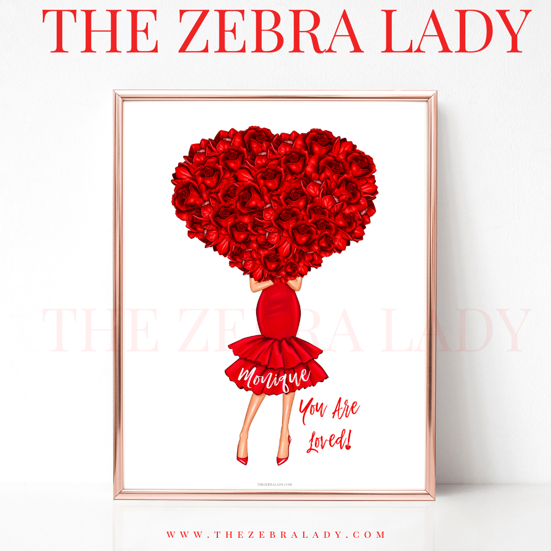 Valentine Fashion Girl Red Roses Framed or Print Personalized