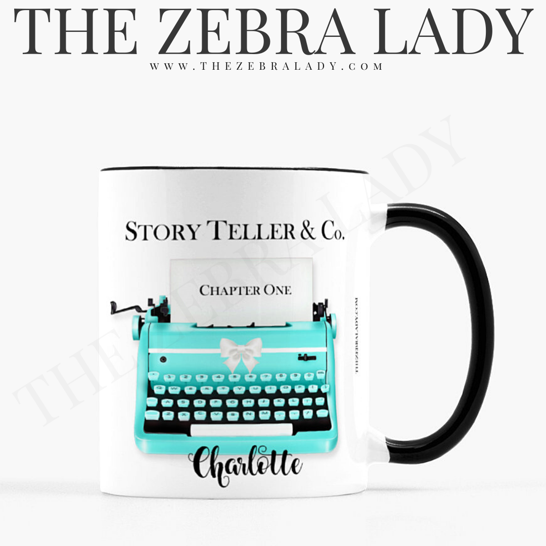 Personalized Story Teller &amp; Co Typewriter Writer Author Black Handle Mug