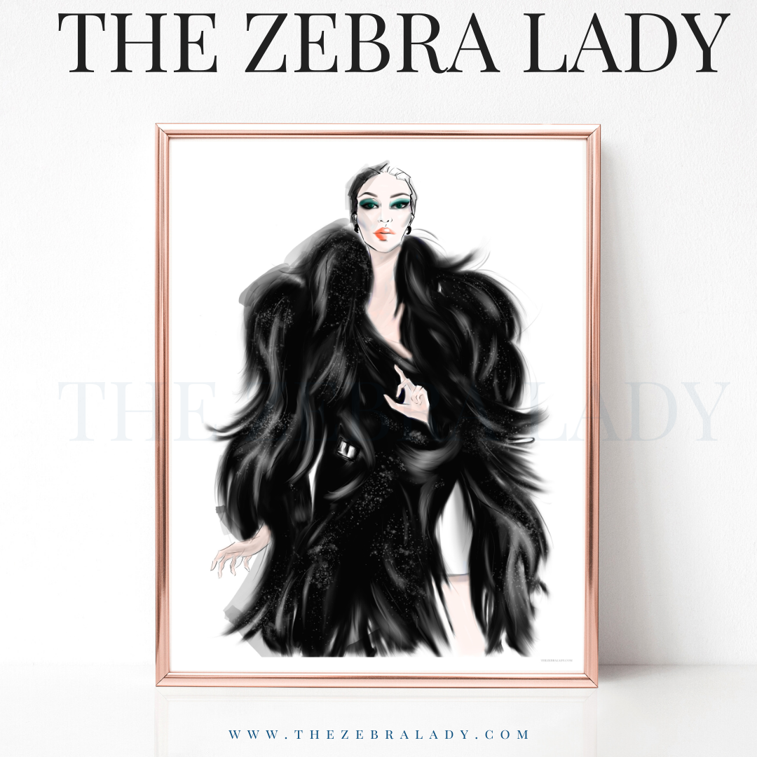 Fashion Illustration Black Fur Model 16x20 Print