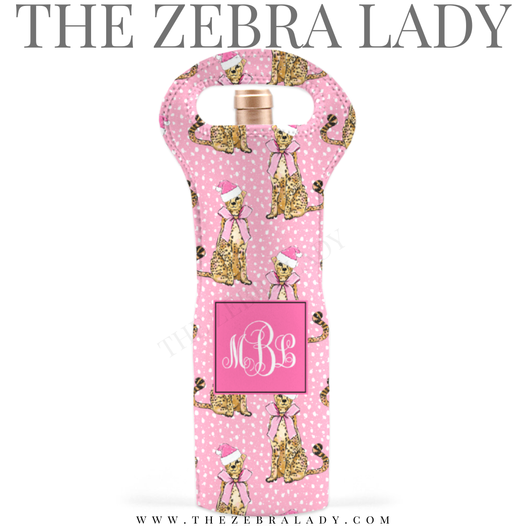 Pink Christmas Leopard Personalized Monogram Wine Tote