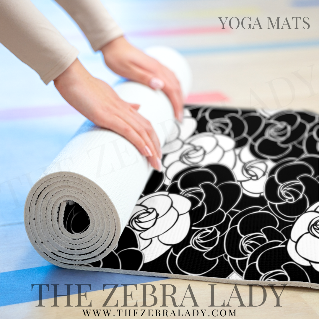 Black White Camellia Flowers Yoga Mat