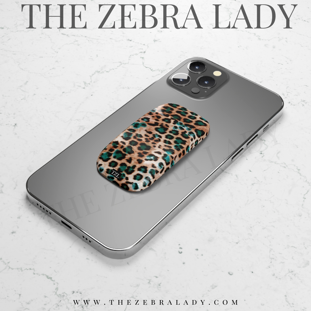 Leopard Brown Turquoise Fur Phone Click-On Grip