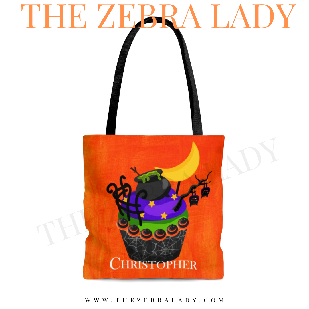 Scary Witches Cauldron Cupcake Orange Back Tote Bag Personalized