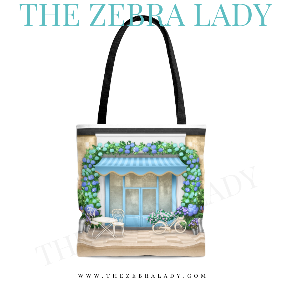 Blue Café Shop Hydrangea Flowers Black Handle Tote