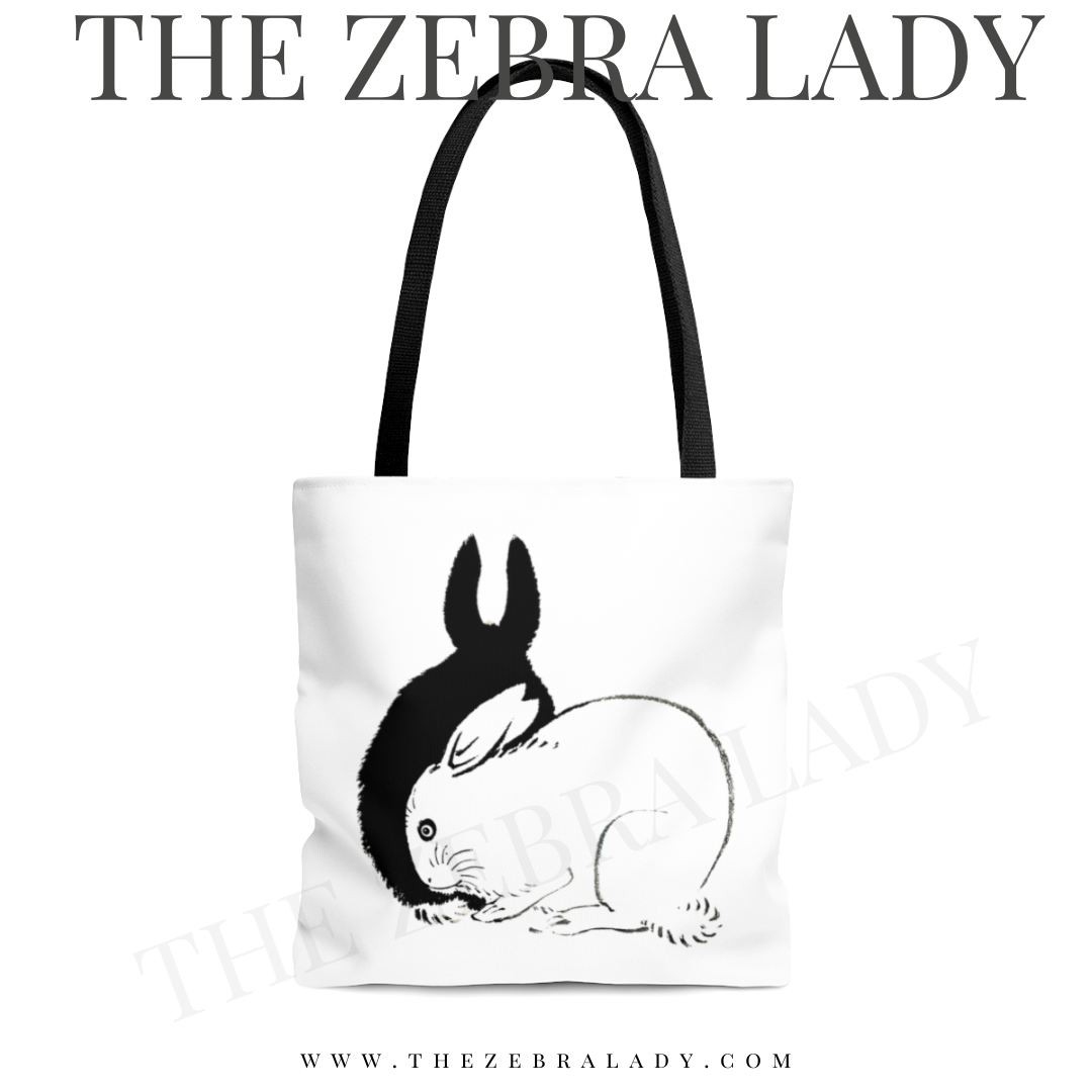 Black white Bunnies Art Black Handle Tote