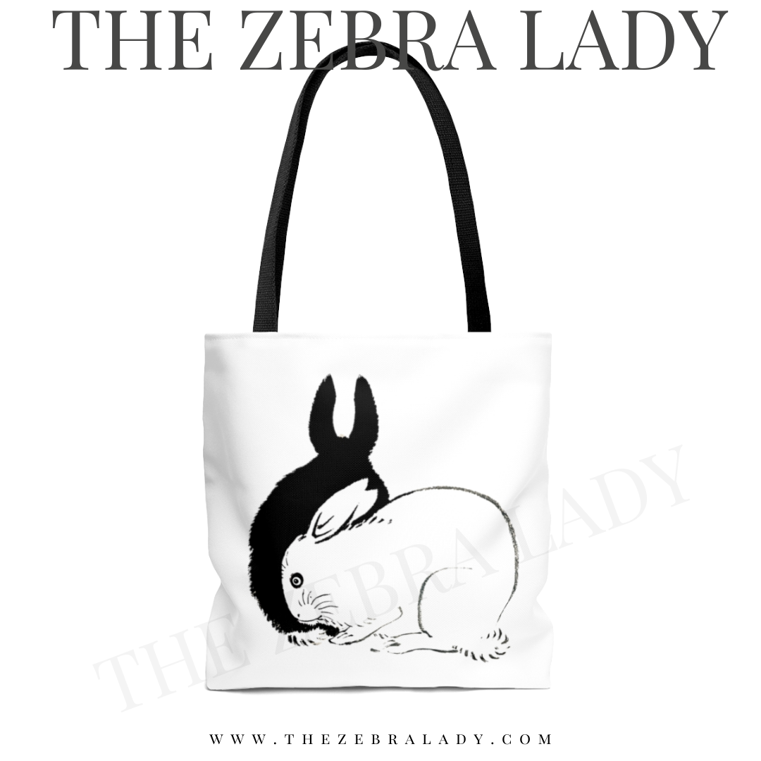 Black white Bunnies Art Black Handle Tote