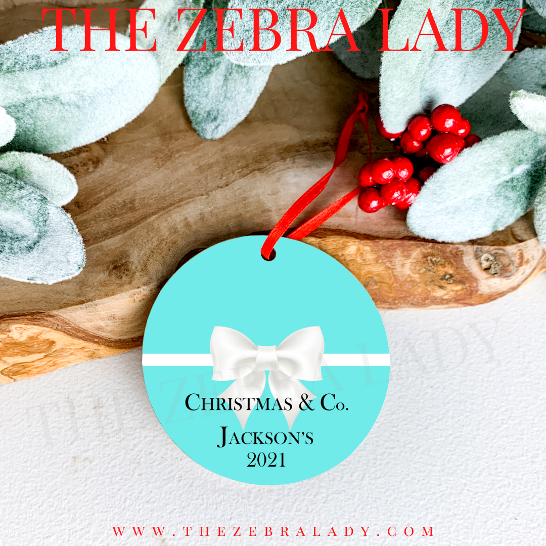 Christmas &amp; Co. Aqua White bow Breakfast at Tiffany's Ornament Personalized