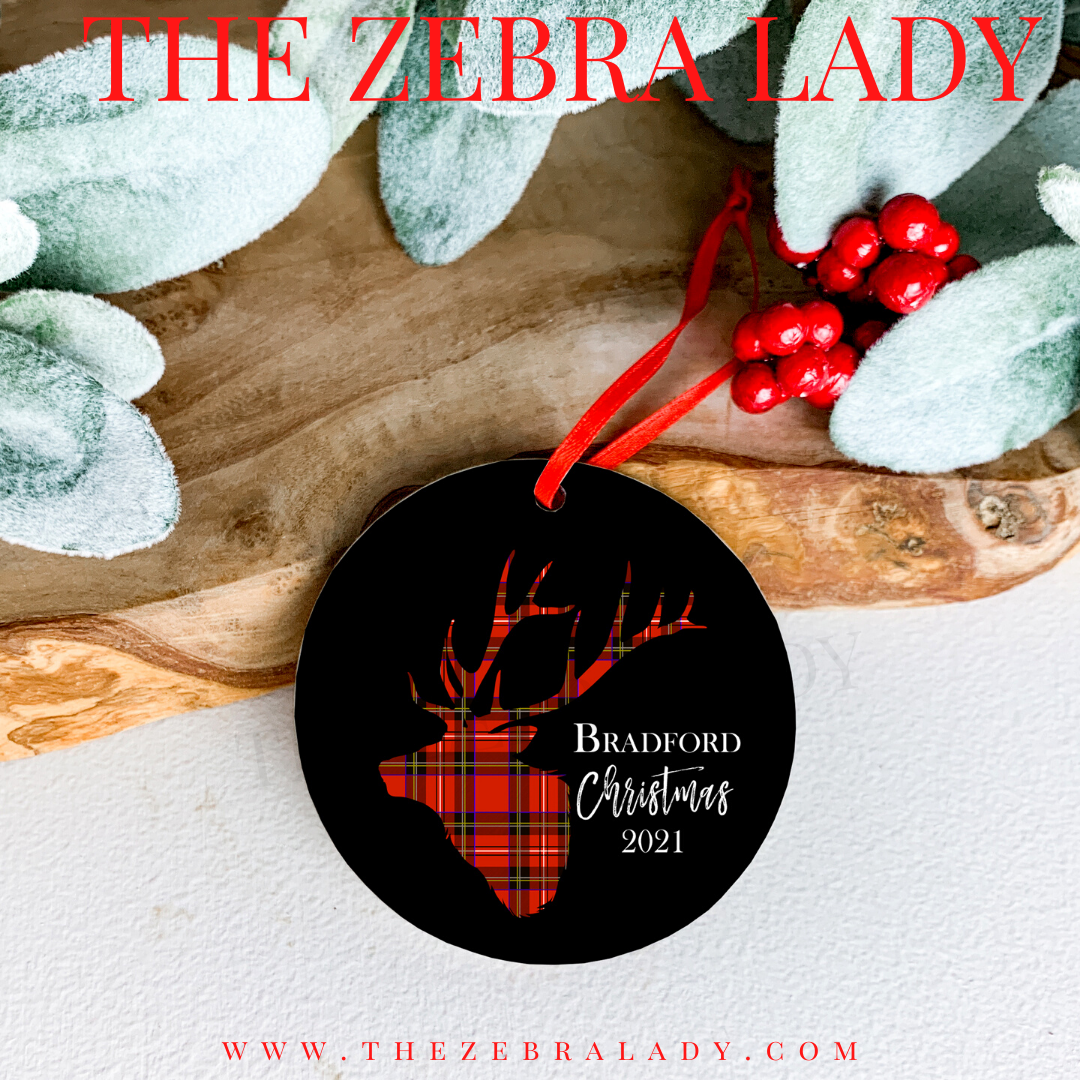  Christmas Ornament Round Red Plaid Deer in Black Personalize
