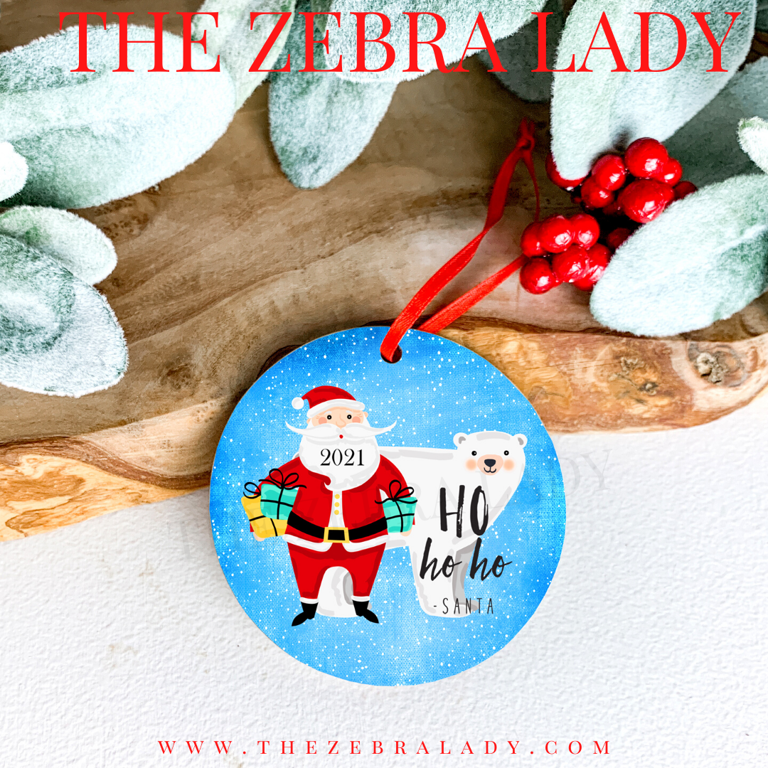 Christmas Ornament Round Santa &amp; Polar Bear Ho ho Ho