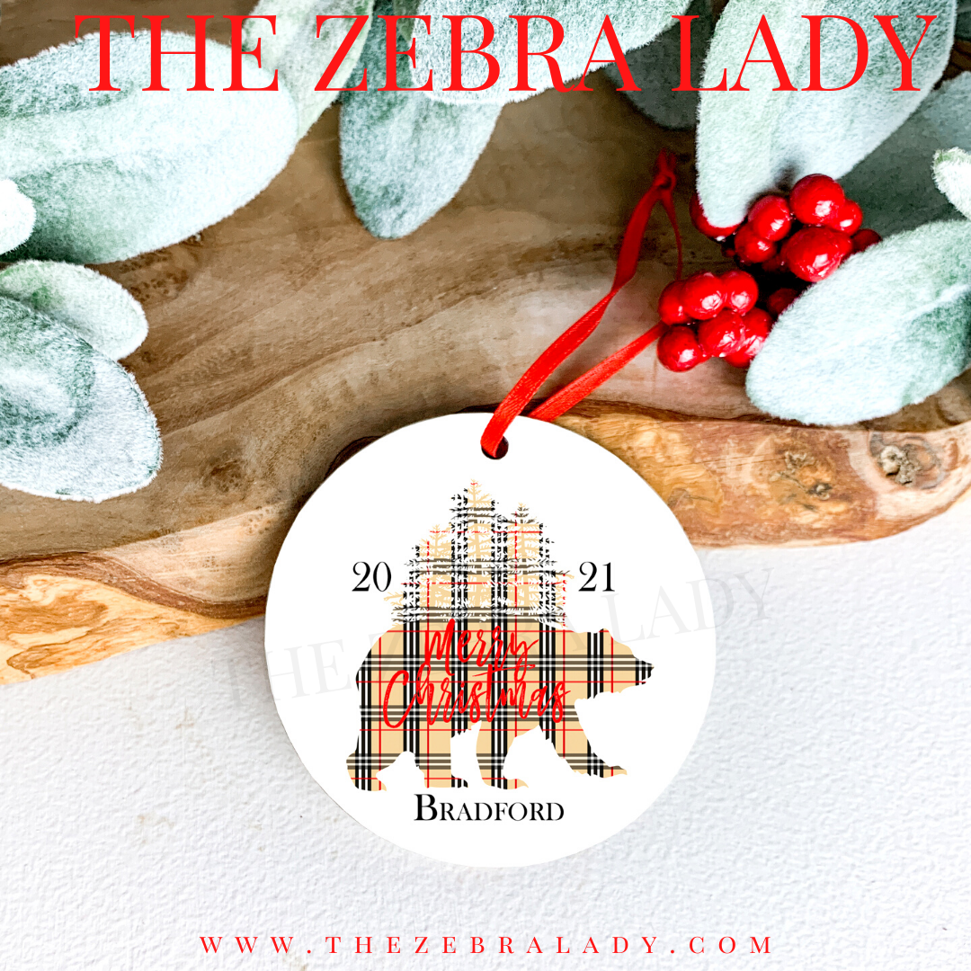 Personalized Bear Tree Merry Christmas Ornament Round Tan Plaid 