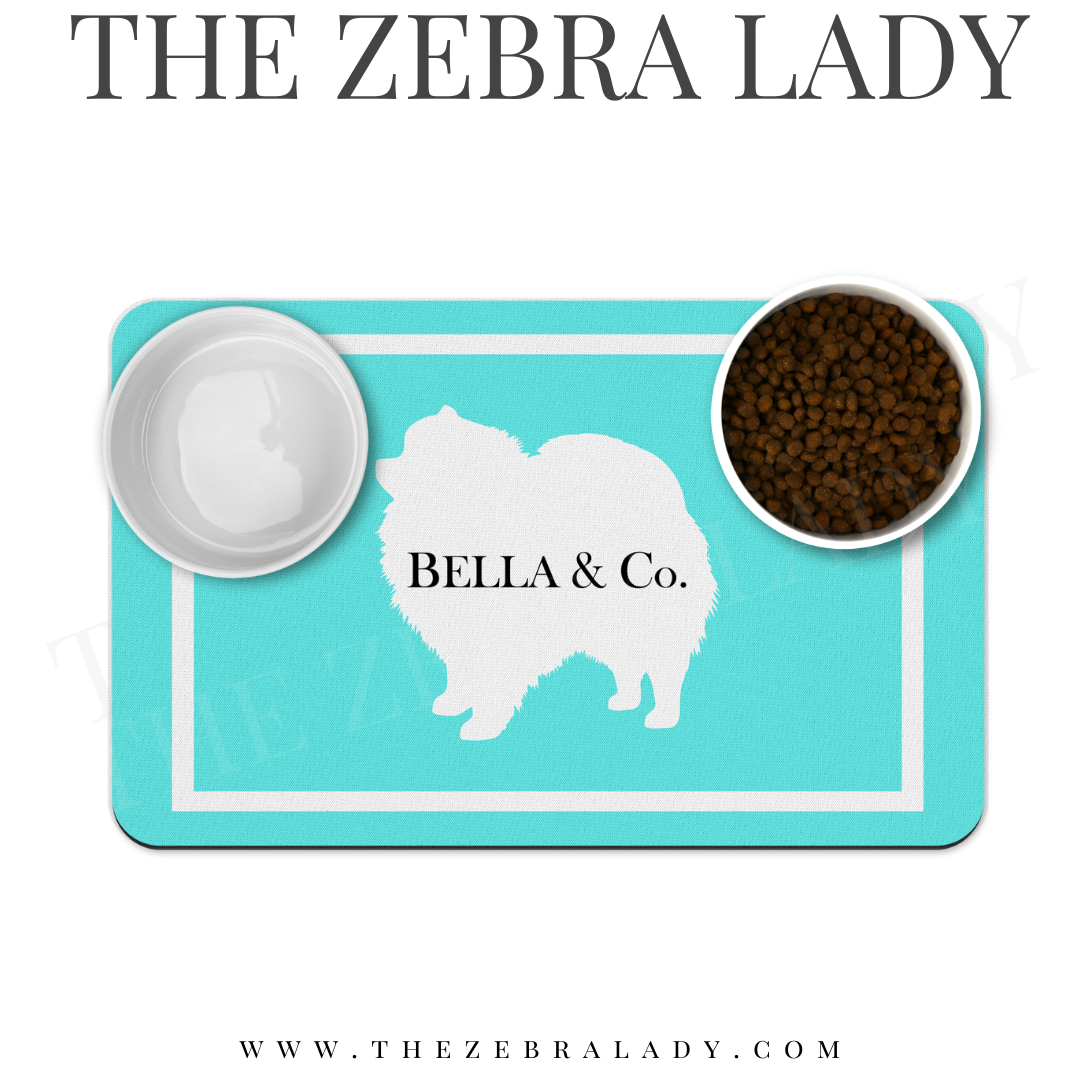 Personalized Dog Breed Breakfast at Tiffany's Aqua White Frame Pet Mat Neoprene Back