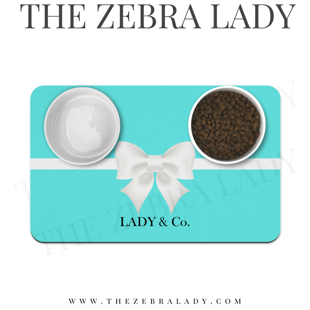 Personalized Aqua Breakfast at Tiffany's Style Pet Mat Neoprene Back