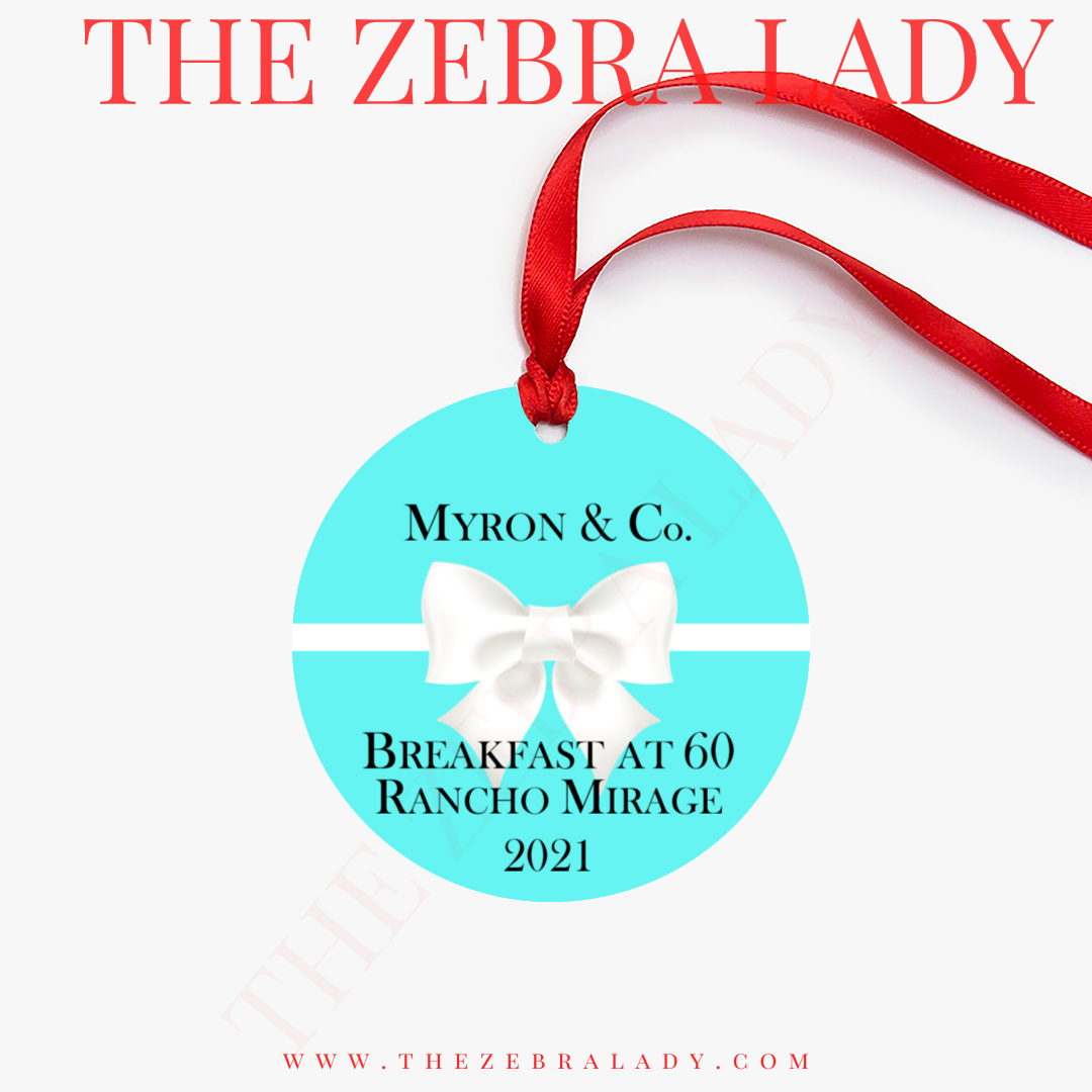 Custom Suzanne Suematsu H Christmas &amp; Co. Aqua White bow Breakfast at Tiffany's Ornament Personalized