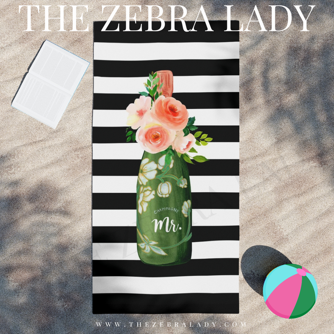 Green Champagne Bottle Mr. Black white Stripes Beach Towel