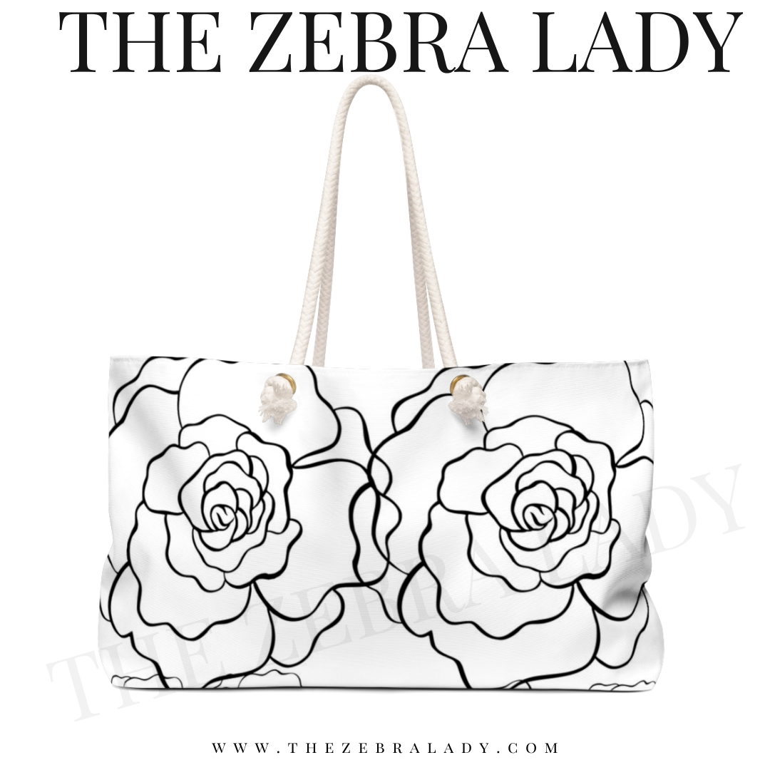 White Black Flower Outline Weekend Rope Tote