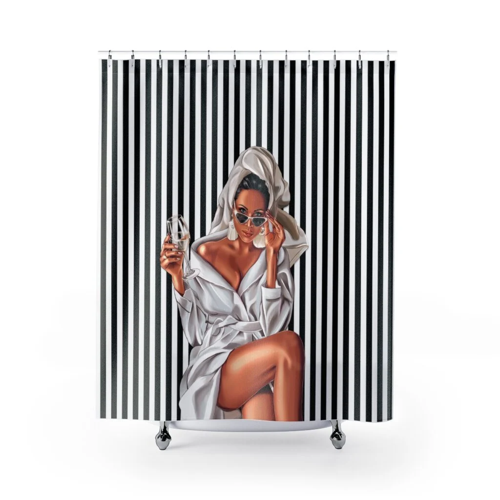 Spa Wine Girl Stripes Shower Curtains Medium Tan Skin