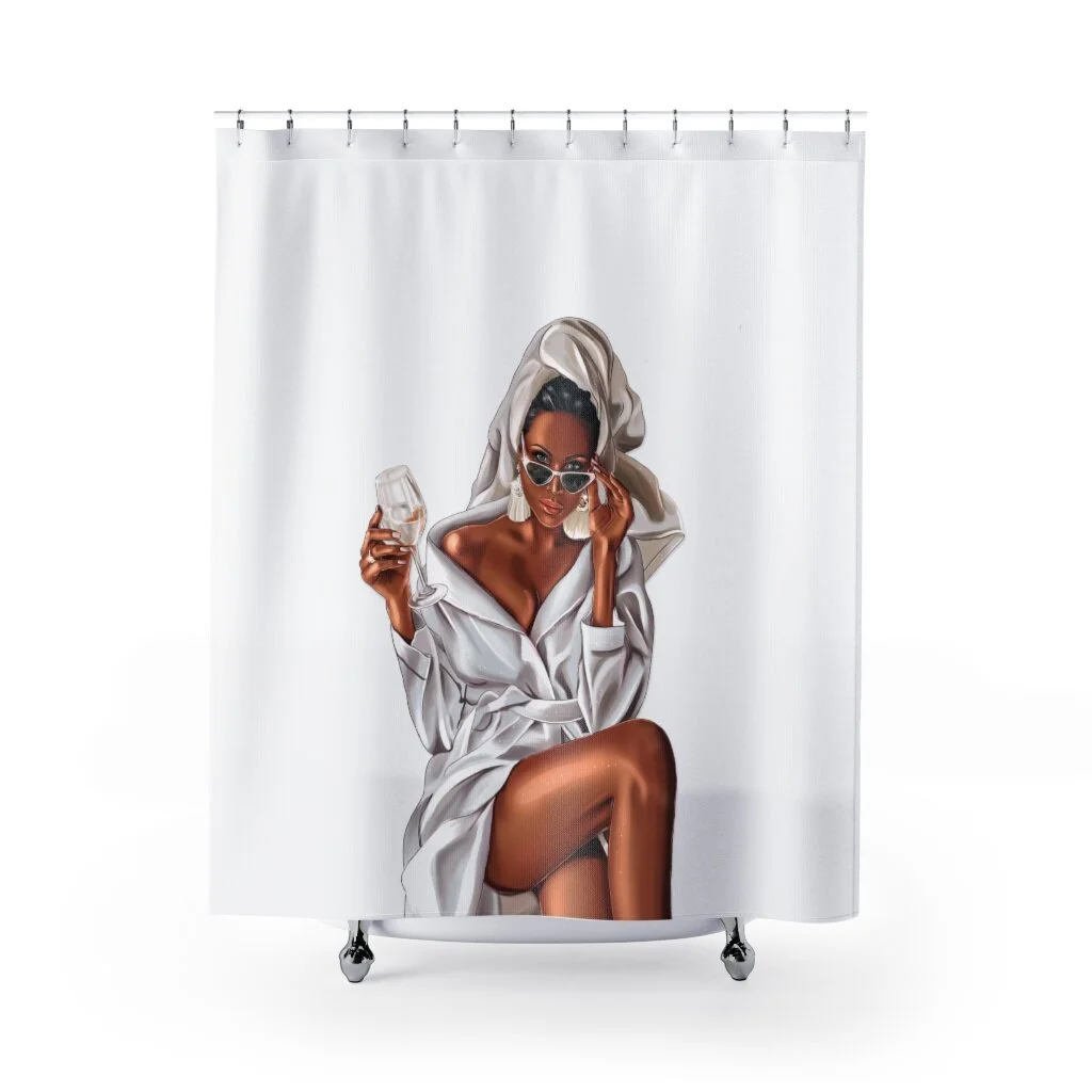 Spa Wine Girl White Shower Curtains African American