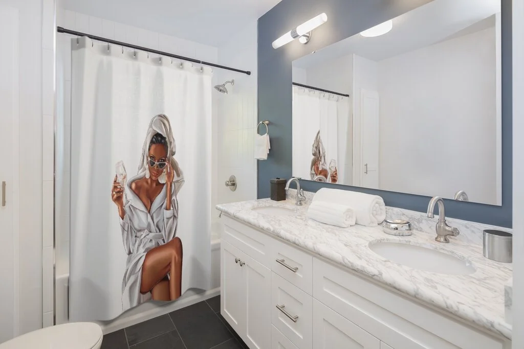 Spa Wine Girl White Shower Curtains African American