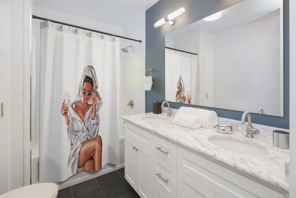 Spa Wine Girl White Shower Curtains Medium Tan Skin