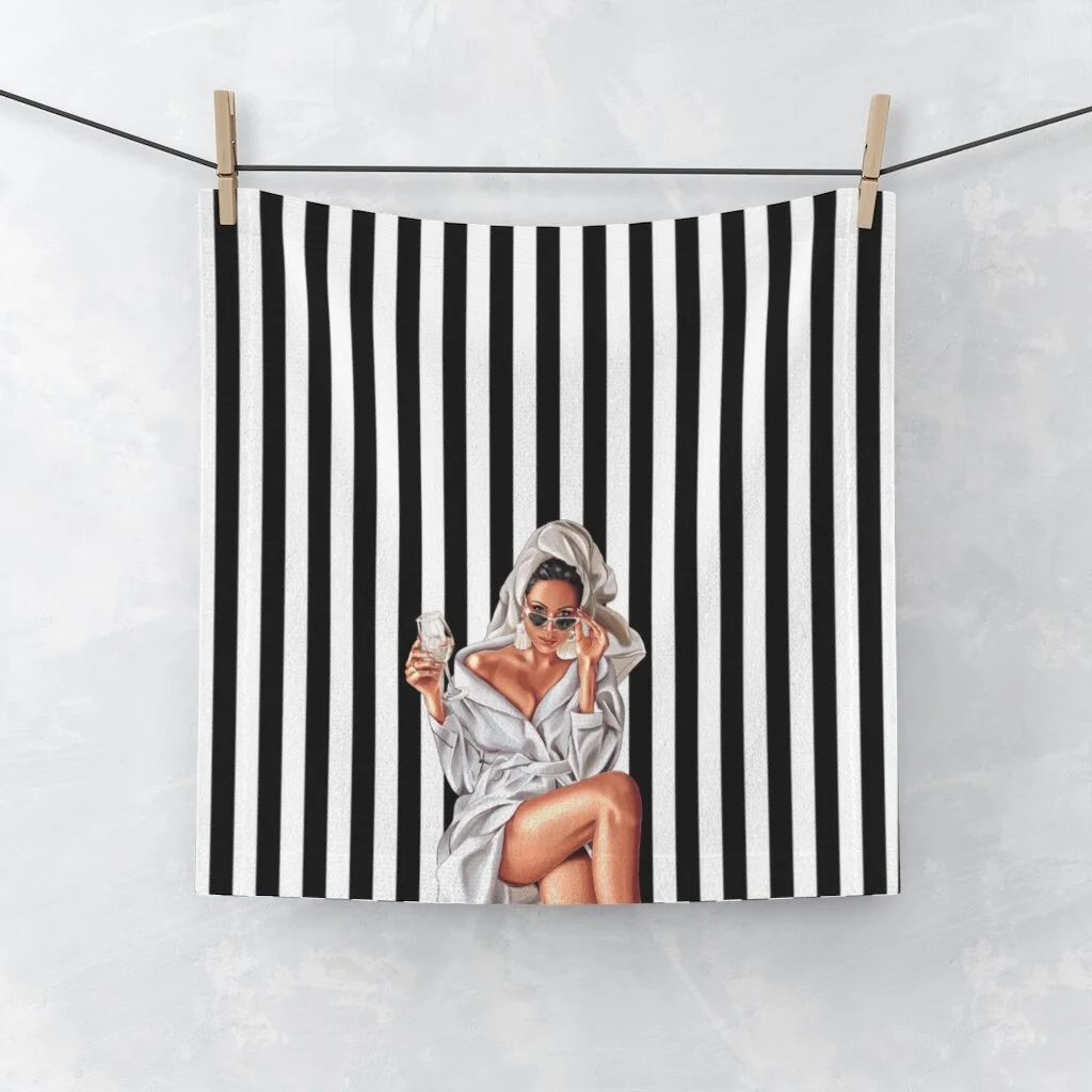 Wine Spa Woman Illustration Black White Stripe Face Towel Light Skin