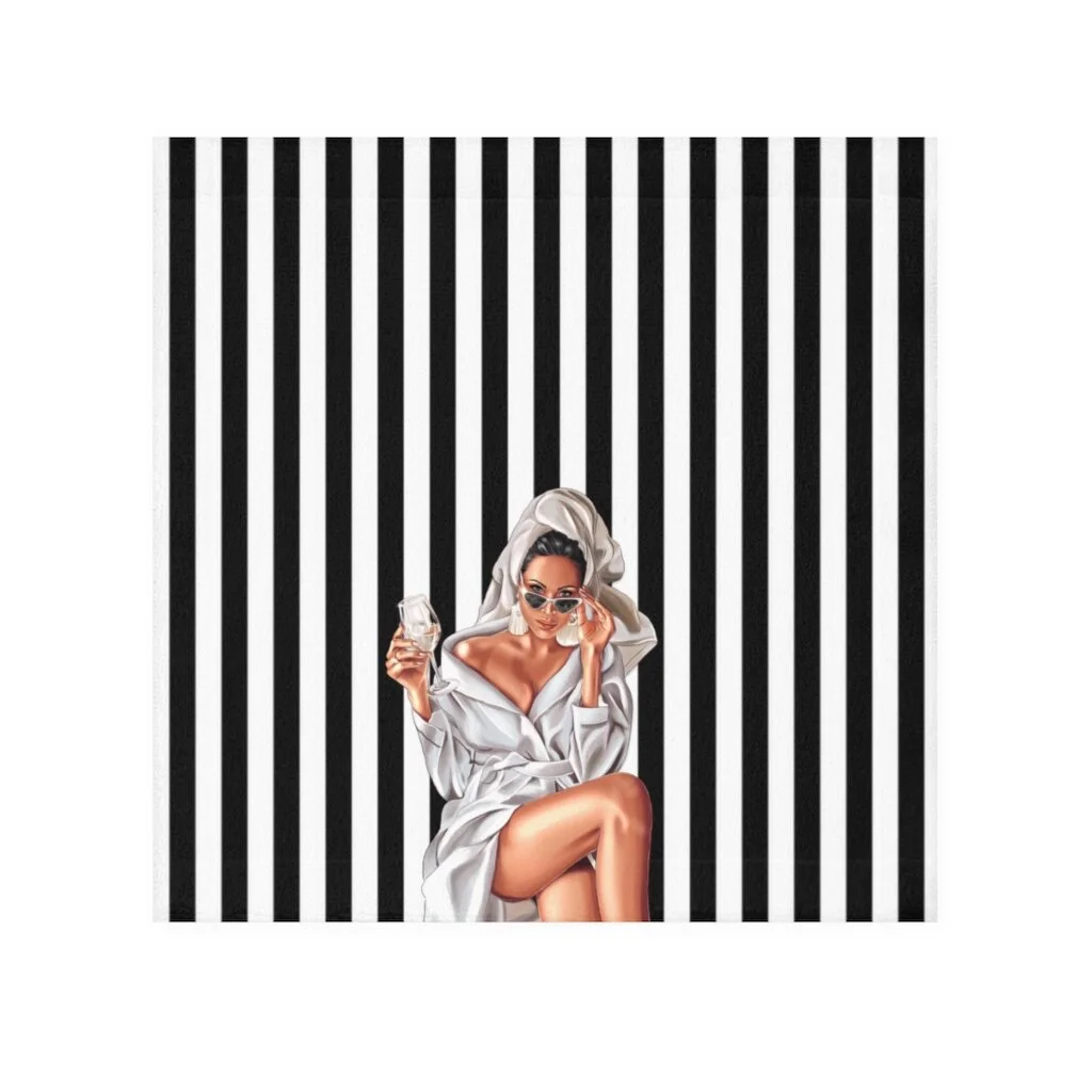 Wine Spa Woman Illustration Black White Stripe Face Towel Light Skin