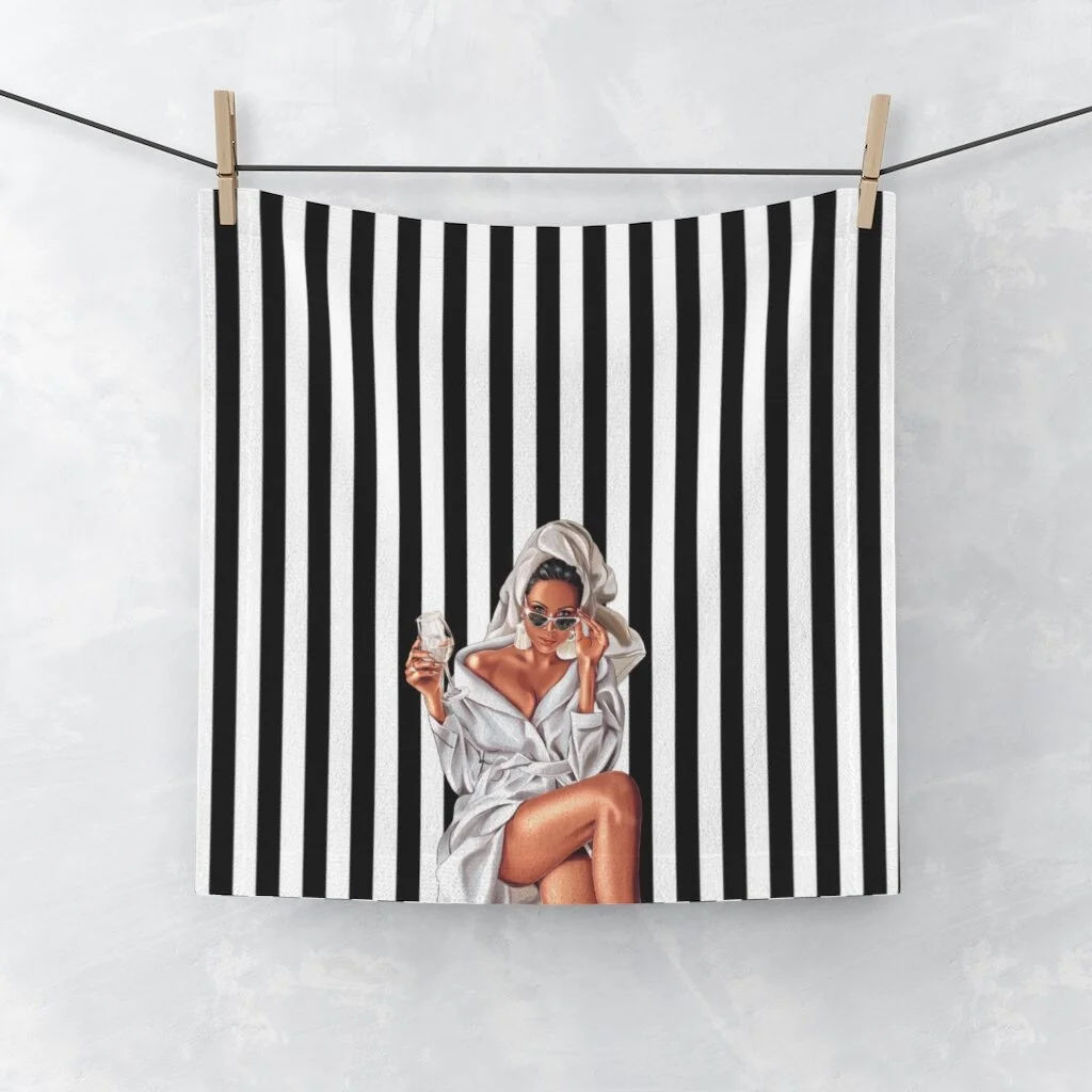 Wine Spa Woman Illustration Black White Stripe Face Towel Med Tan Skin