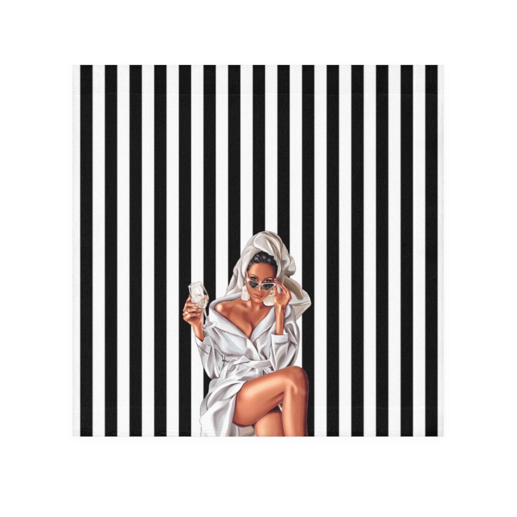 Wine Spa Woman Illustration Black White Stripe Face Towel Med Tan Skin