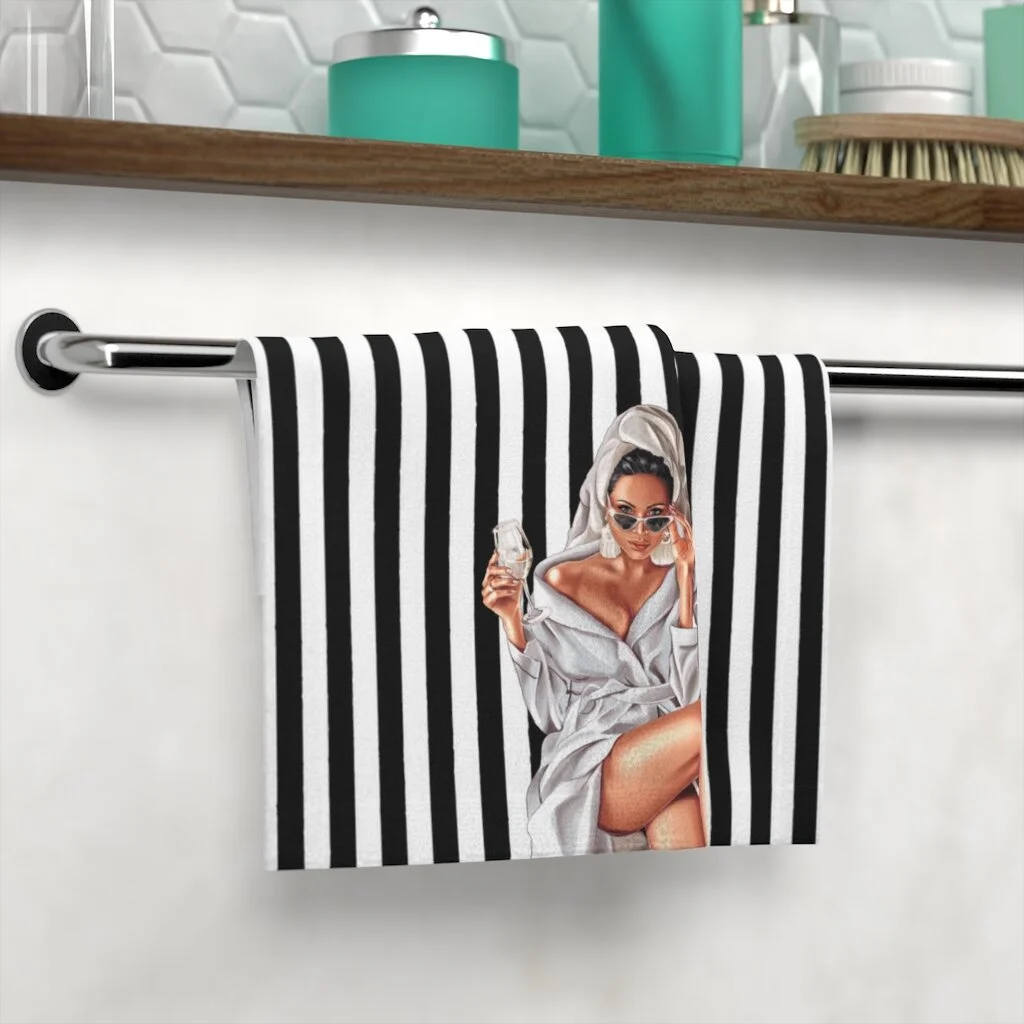 Wine Spa Woman Illustration Black White Stripe Face Towel Light Skin