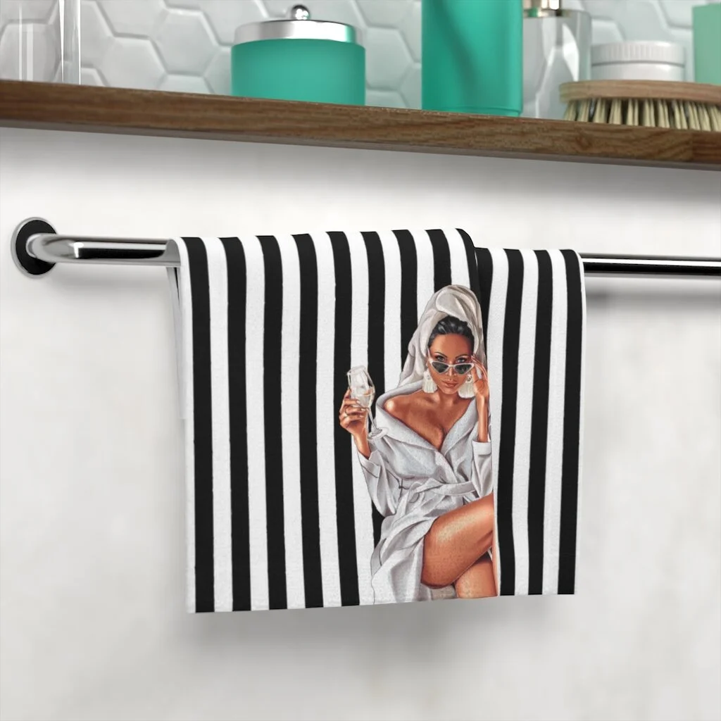 Wine Spa Woman Illustration Black White Stripe Face Towel Med Tan Skin