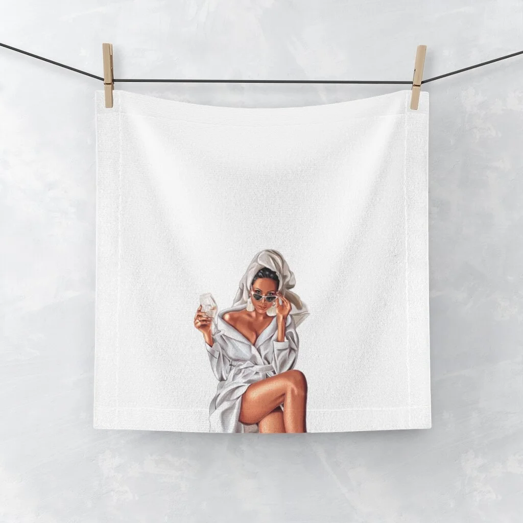 Wine Spa Woman Illustration White Face Towel Med Tan Skin
