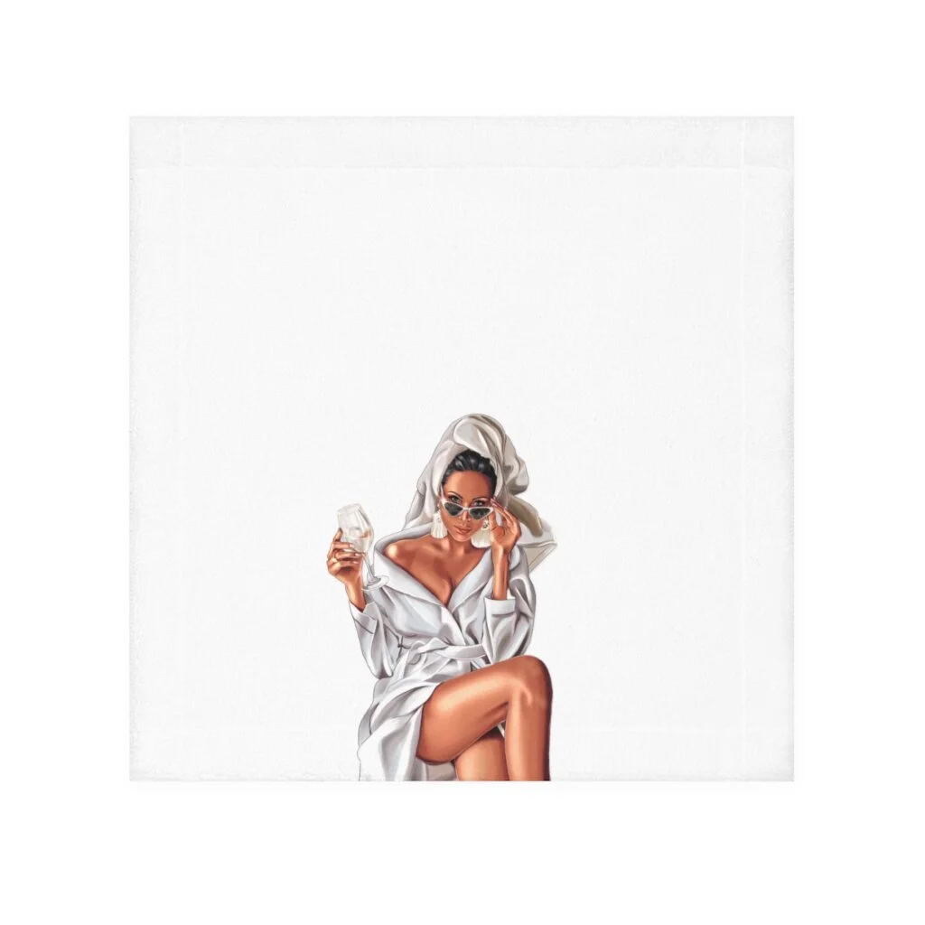 Wine Spa Woman Illustration White Face Towel Med Tan Skin
