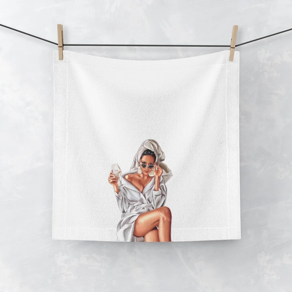 Wine Spa Woman Illustration White Face Towel Light Skin