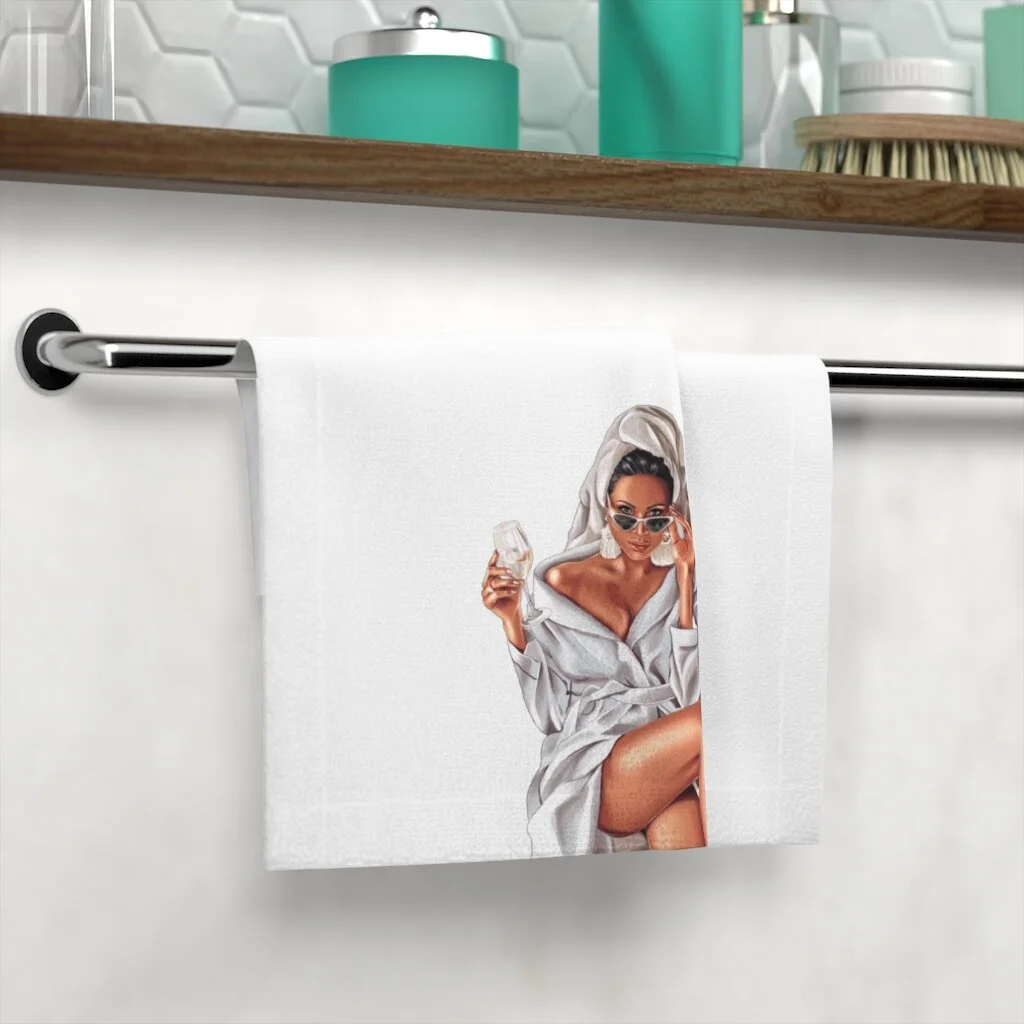 Wine Spa Woman Illustration White Face Towel Med Tan Skin