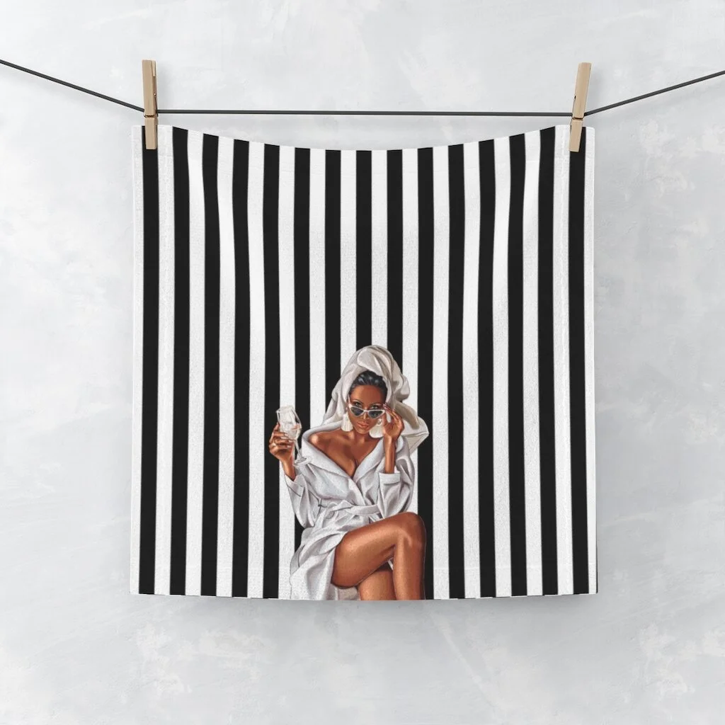 Wine Spa Woman Illustration Black White Stripe Face Towel African American