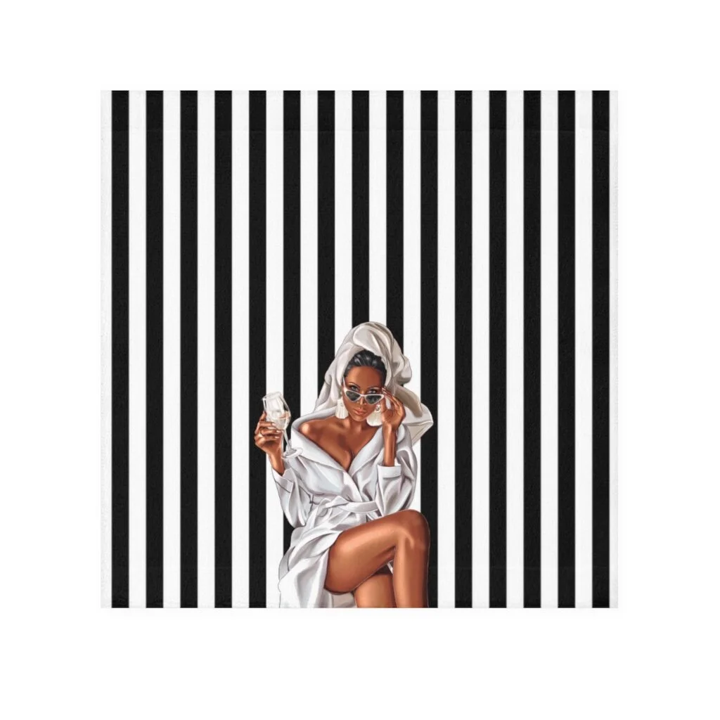 Wine Spa Woman Illustration Black White Stripe Face Towel African American
