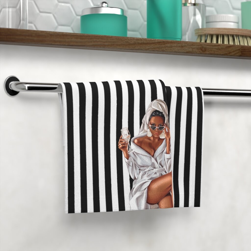 Wine Spa Woman Illustration Black White Stripe Face Towel African American