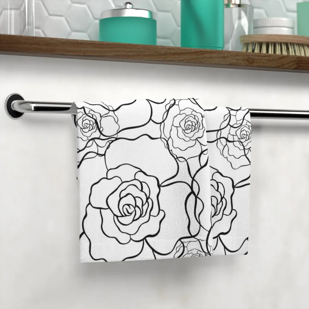 White Black Fashion Outline Flowers Face Towel