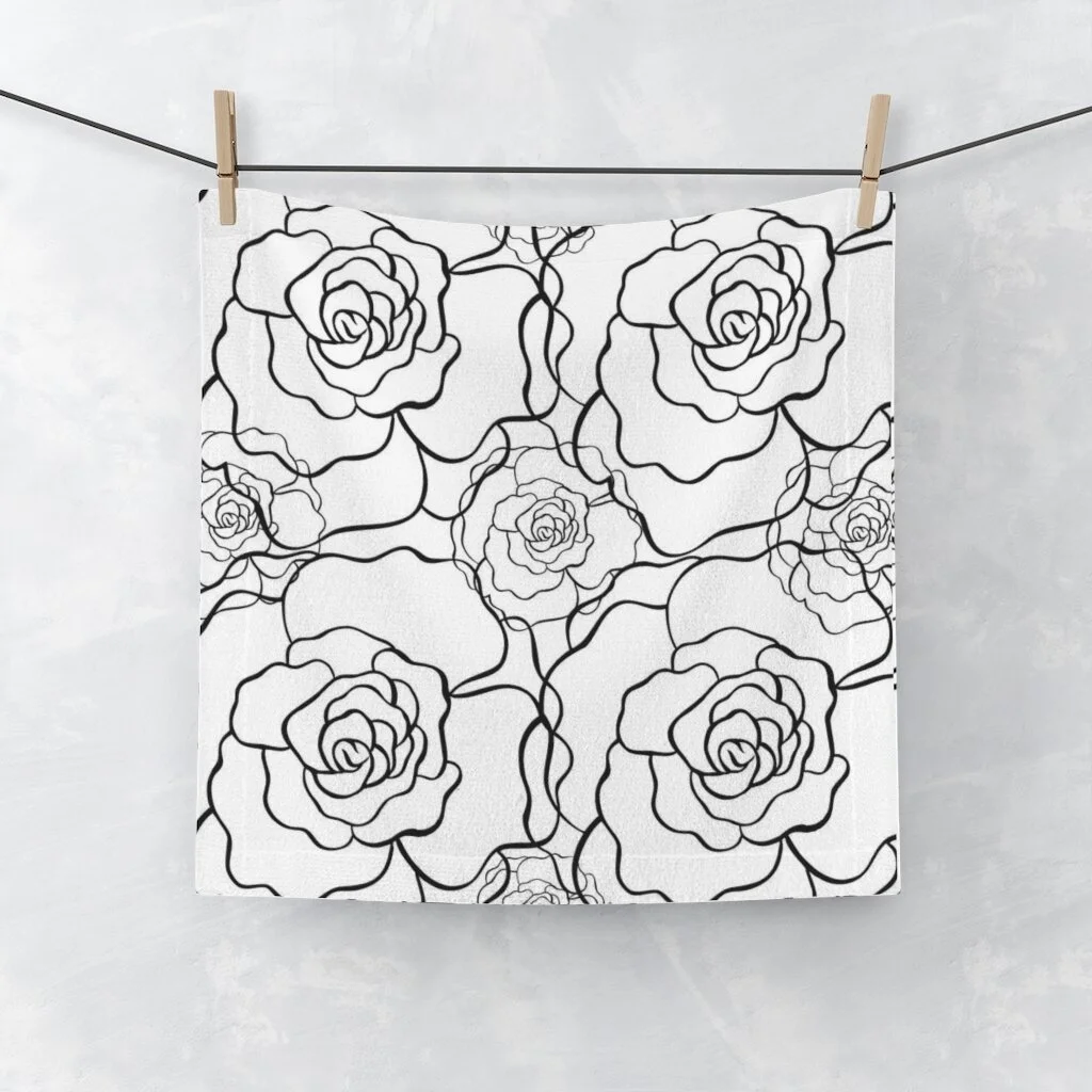 White Black Fashion Outline Flowers Face Towel