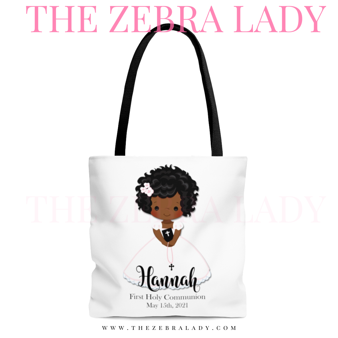 Short Curly Hair African American Girl Personalize First Communion Tote Bag