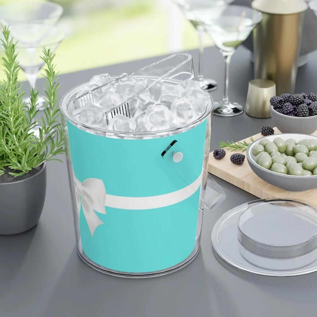 Breakfast at Tiffany's Aqua White Bow Ice Bucket with Tongs personalized name Only