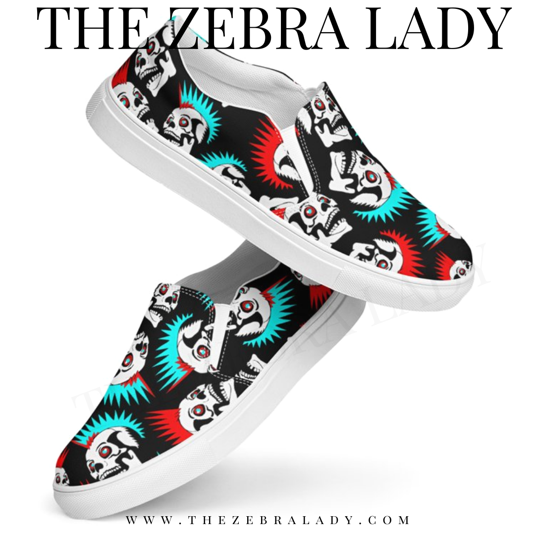 Punk Rock Mohawk Skulls Women’s slip-on canvas shoes Red Aqua