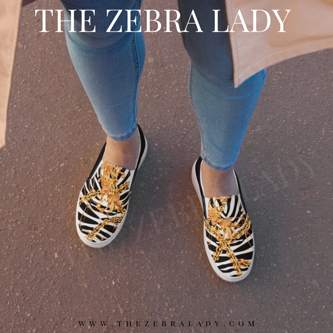 Zebra Gold Chains Baroque Fleur Women’s slip-on canvas shoes